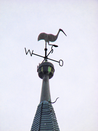 Bild: Kranich als Wetterfahne auf dem Stadtturm Schmaler Heinrich in Aschersleben.