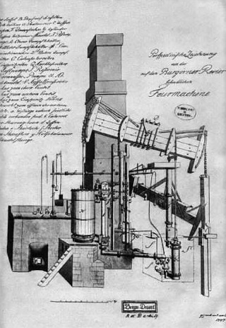 Bild: Risszeichnung der Hettstedter Dampfmaschine. Dieses Bild ist gemeinfrei, weil seine urheberrechtliche Schutzfrist abgelaufen ist.