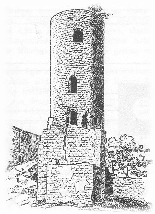Bild: Die Ruine des Bergfriedes des Schlosses von Eisleben in einer Abbildung des späten 19. Jahrhunderts. Dieses Bild ist gemeinfrei, weil seine urheberrechtliche Schutzfrist abgelaufen ist.