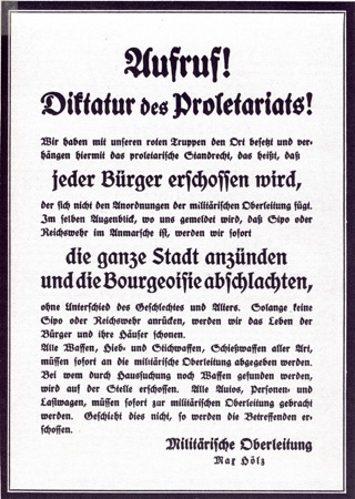 Bild: Flugblatt von Max Hoelz in Halle an der Saale mit markigen Sprüchen. Dieses Bild ist gemeinfrei, weil seine urheberrechtliche Schutzfrist abgelaufen ist.