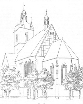 Bild: Die Kirche St. Jakobi zu Hettstedt in einer historischen Zeichnung vom Ende des 19. Jahrhundert. Dieses Bild ist gemeinfrei, weil seine urheberrechtliche Schutzfrist abgelaufen ist.