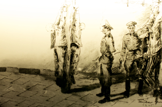 Bild: Das Pfahlhängen. Zeichnung von Georg Tauber (von 1940 bis 1945 im KZ Dachau) 1945. Foto © 2010 Birk Karsten Ecke - Gedenkstätte Konzentrationslager Dachau.