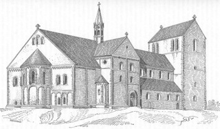 Bild: Die Stiftskirche auf dem Petersberg bei Halle an der Saale in einer historischen Zeichnung vom Ende des 19. Jahrhunderts. Dieses Bild ist gemeinfrei, weil seine urheberrechtliche Schutzfrist abgelaufen ist.