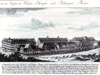 Bild: Die Franckeschen Anstalten von Gottfried August Gründler, 1749. Dieses Bild ist gemeinfrei, weil seine urheberrechtliche Schutzfrist abgelaufen ist.